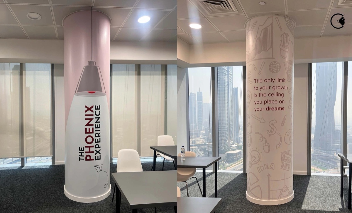 Branded pillar wraps in a training centre
