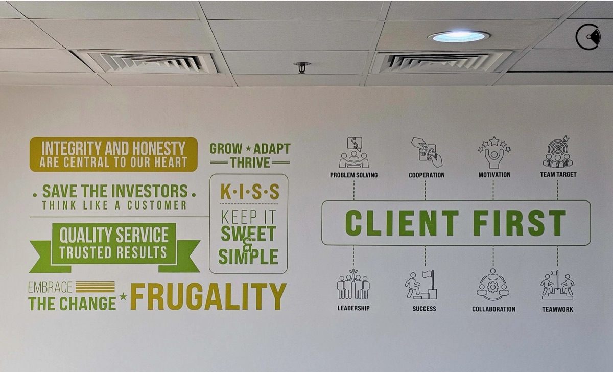 Company values wall graphic with icons